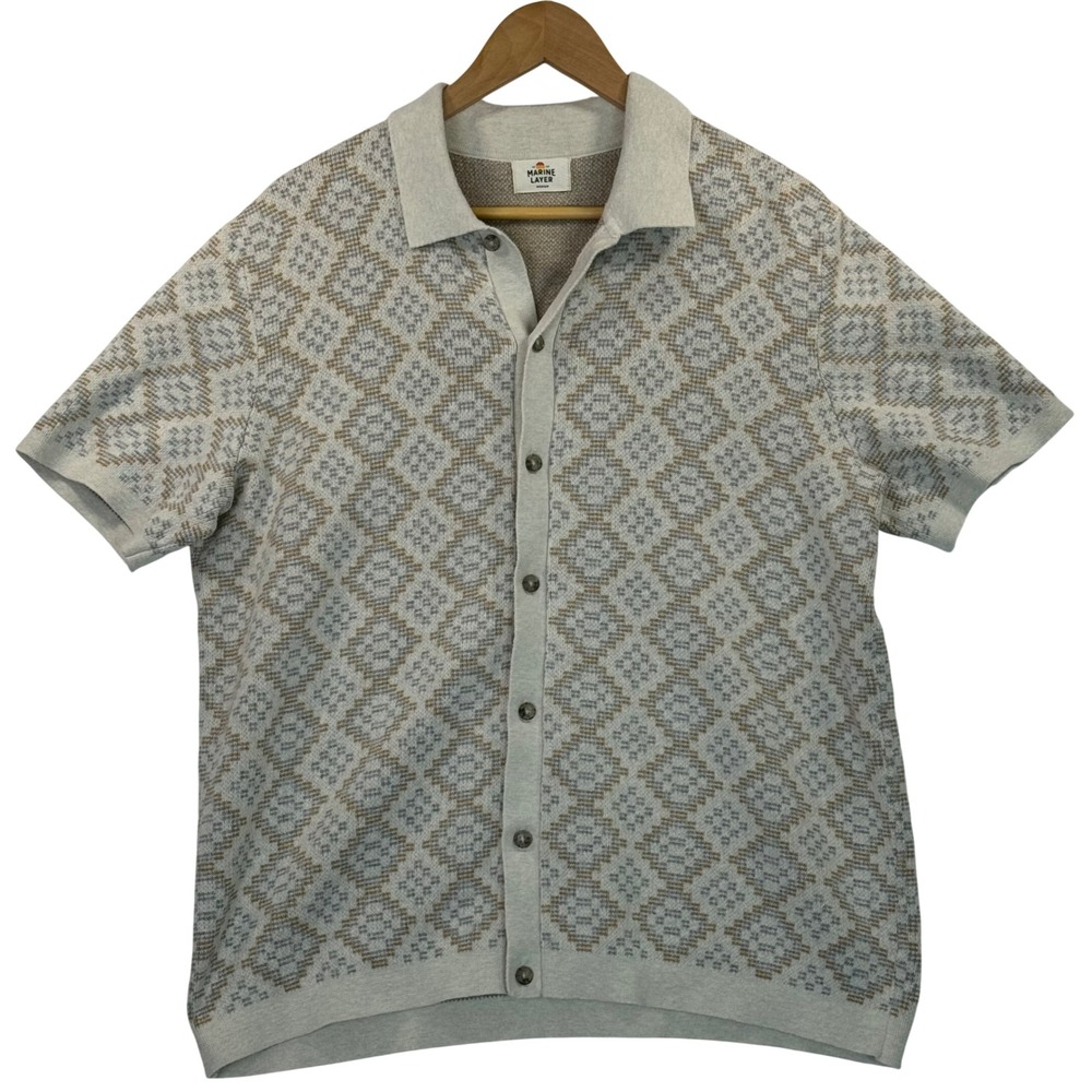 Marine Layer Ethan Sweater Polo Men's Medium Cotton Geometric Knit Button Down
